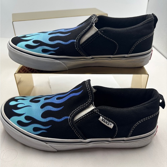 Vans Asher slip ons Kids Black and Blue Flame Sneakers - Picture 4 of 9